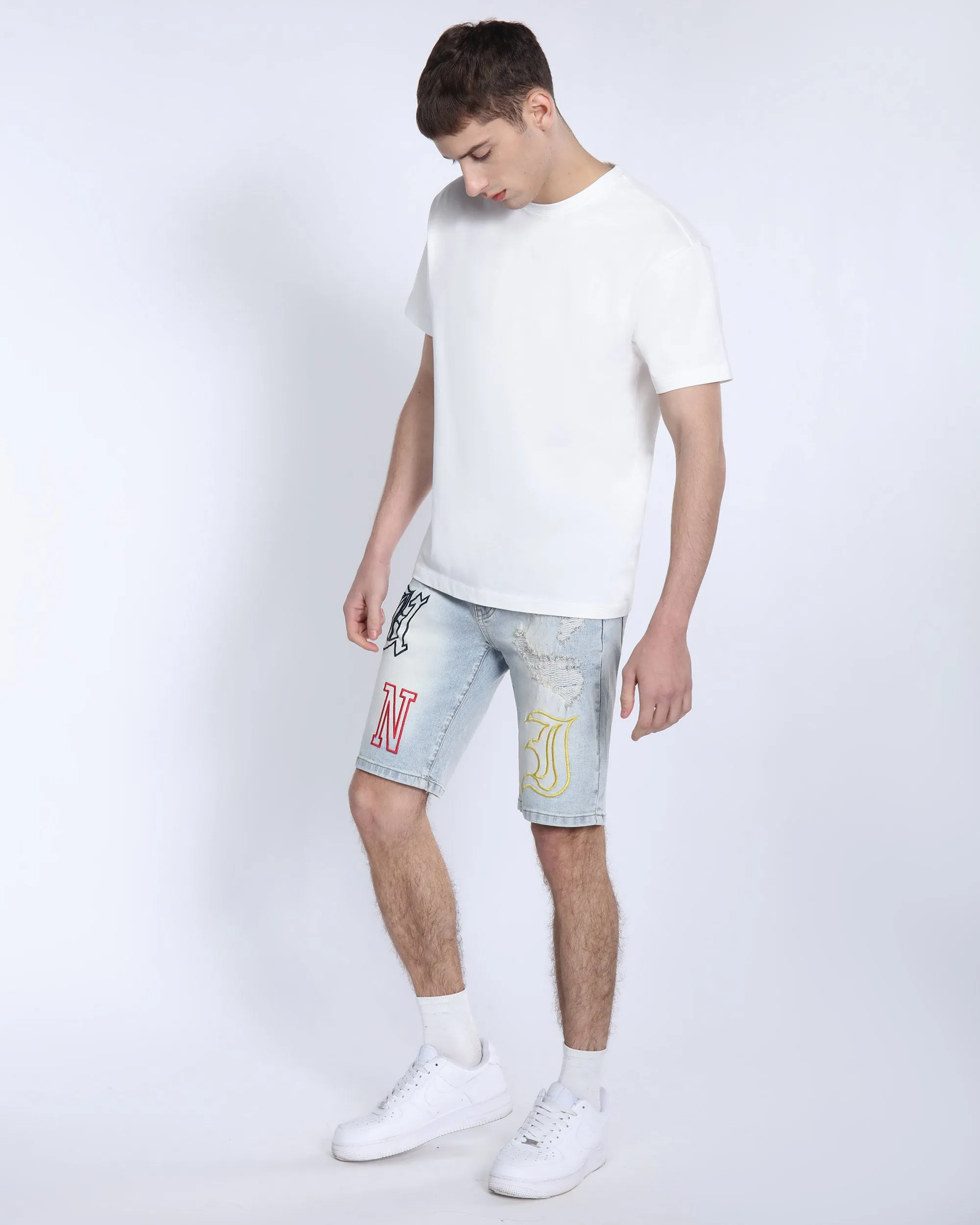 Light Wash Blue Denim Shorts with Letter Print
